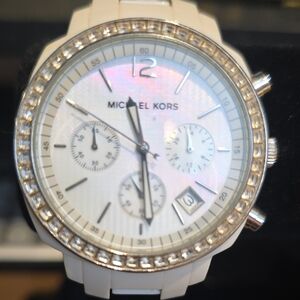Michael Kors White and Silver Crystal-Accent Chronograph Watch
